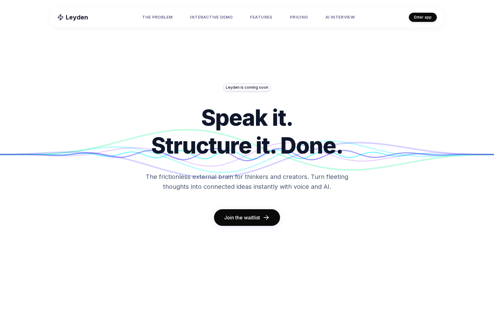 Leyden pre-launch landing page introducing AI-powered idea capture across web and mobile
