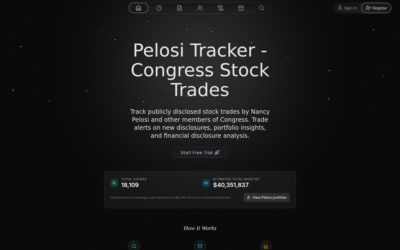 Pelosi Tracker dashboard landing page showing live congressional stock trade disclosures